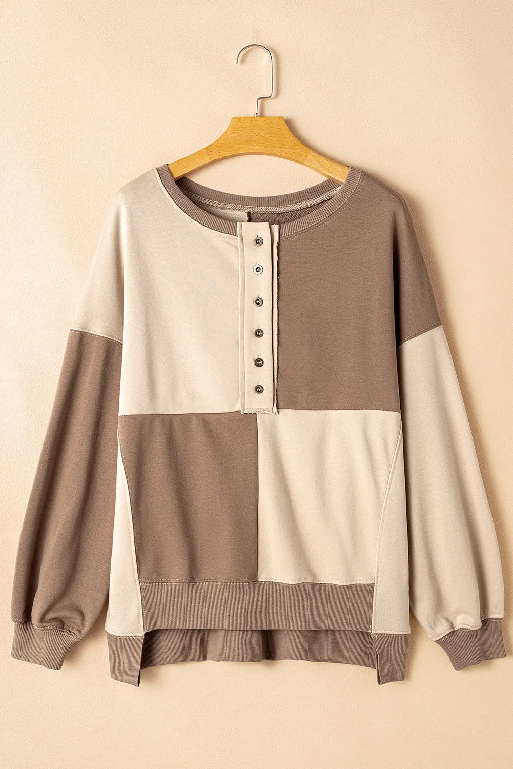 Parchment Colorblock Henley High Low Oversize Sweatshirt - Chic Meadow Boutique 