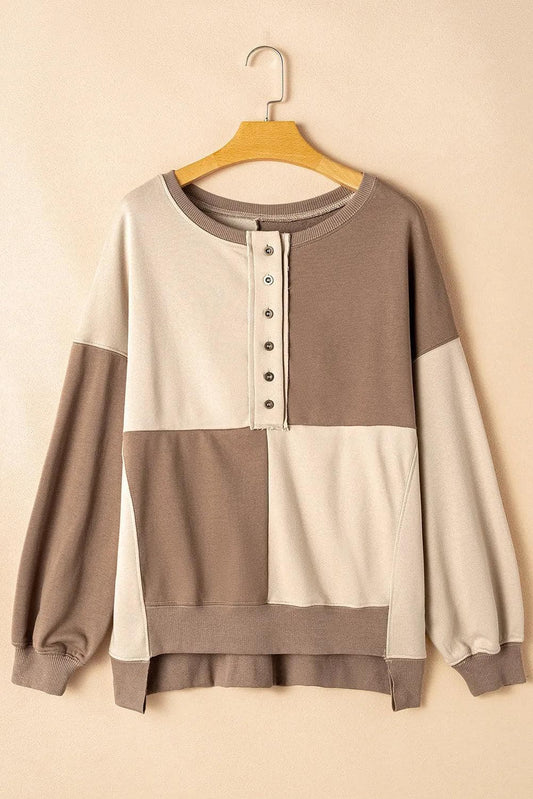 Tops/Sweatshirts & Hoodies Parchment / S / 65%Polyester+35%Cotton Parchment Colorblock Henley High Low Oversize Sweatshirt