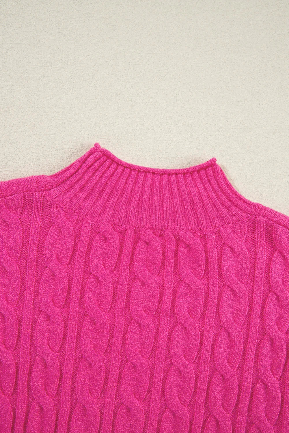 Rose Red Solid Cable Knit High Neck Drop Shoulder Sweater - Chic Meadow Boutique 