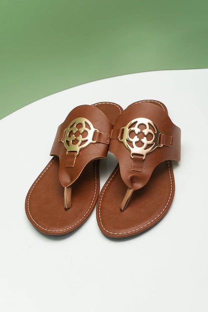 Chestnut Metal Décor Leather Thong Slippers - Chic Meadow Boutique 