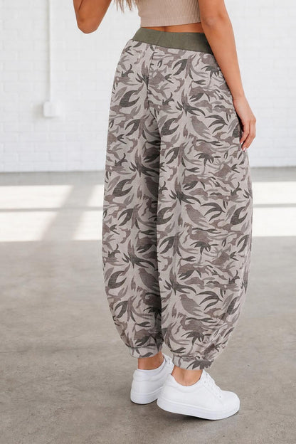 Khaki Drawstring Contrast Waistband Camouflage Joggers Pants