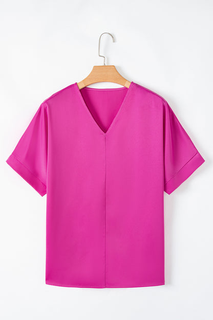 Bright Pink Silky V Neck Dolman Blouse