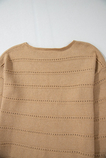 Pale Khaki Boat Neck Drop Shoulder Pointelle Knit Sweater - Chic Meadow Boutique 