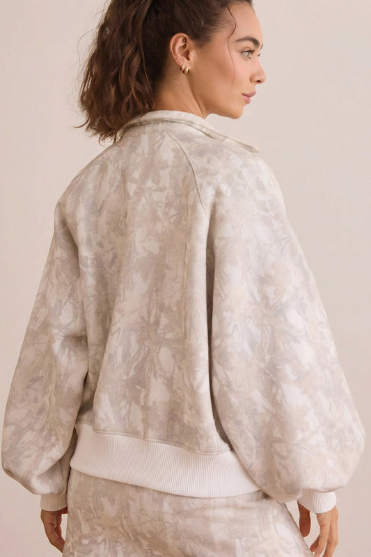 White Abstract Woodland Print Balloon Sleeve Pullover Drawstring Mini Skirt Set