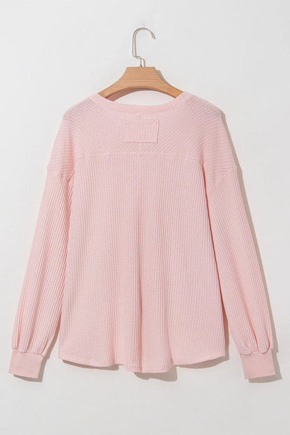 Light Pink Waffle V Neck Long Sleeve Drop Shoulder Loose Blouse - Chic Meadow Boutique 