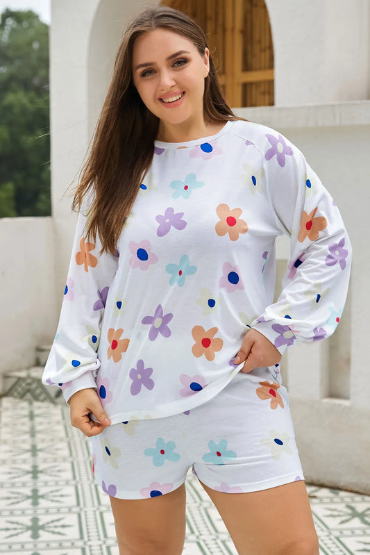 White Plus Size Flower Print Raglan Pullover and Shorts Outfit - Chic Meadow Boutique 