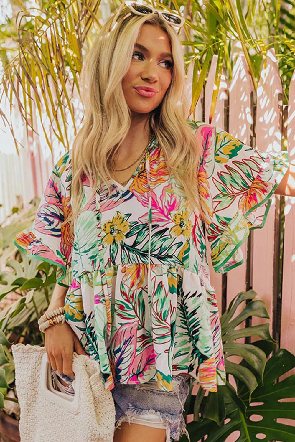 White Tropical Floral Print Ruffled Short Sleeve Blouse - Chic Meadow Boutique 