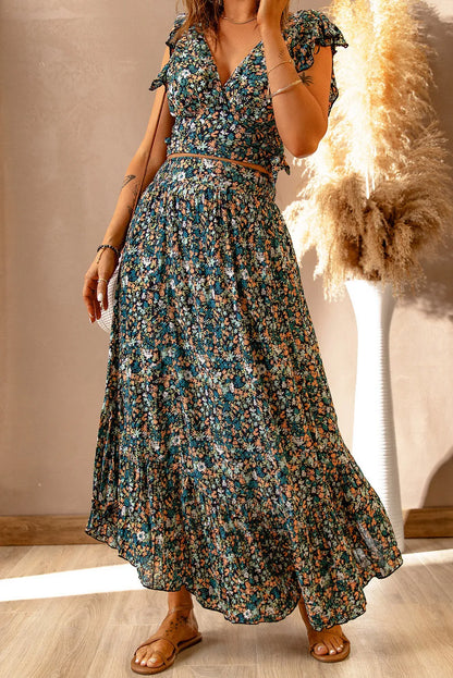 Multicolor Floral Ruffled Crop Top and Maxi Skirt Set - Chic Meadow Boutique 