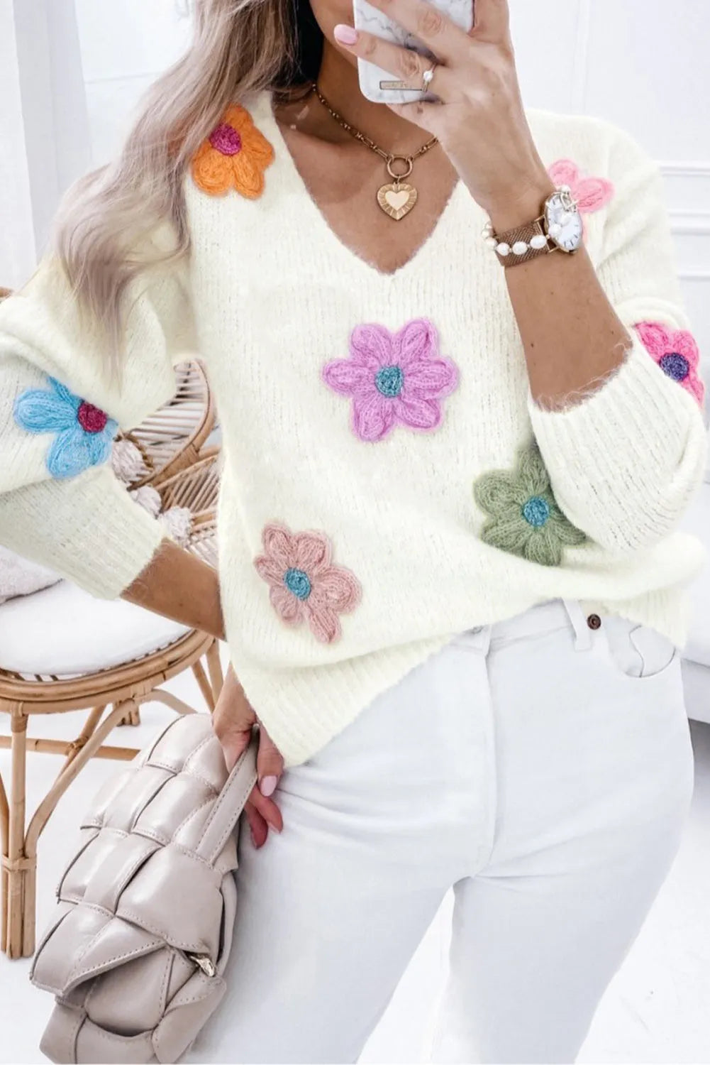 White Crochet Flower V Neck Sweater - Chic Meadow Boutique 