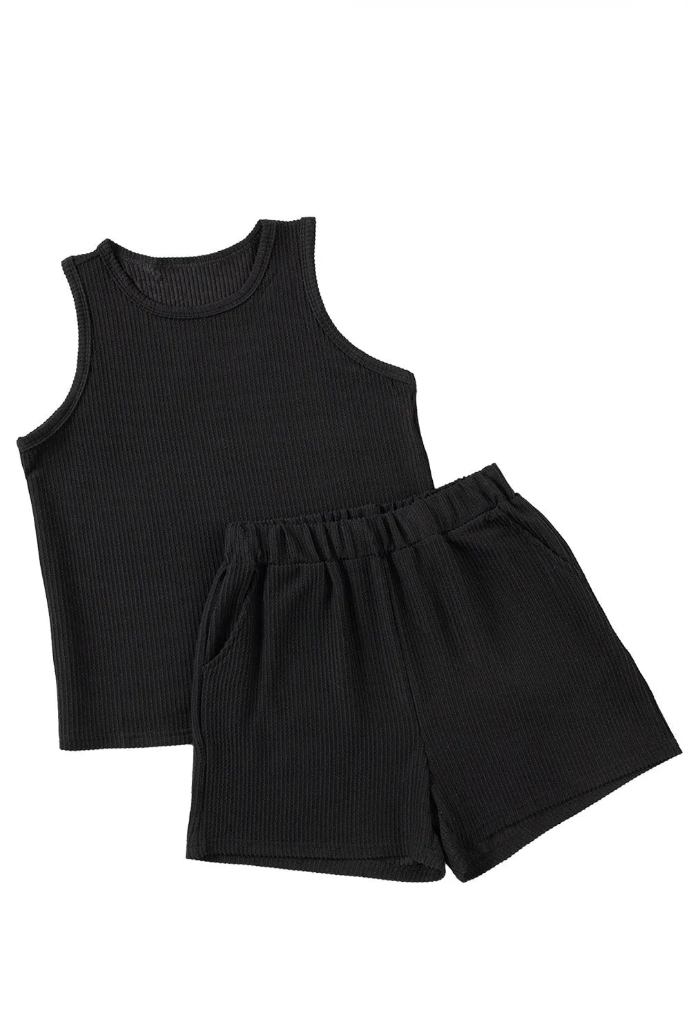 Black Corded Sleeveless Top and Pocketed Shorts Set - Chic Meadow Boutique 