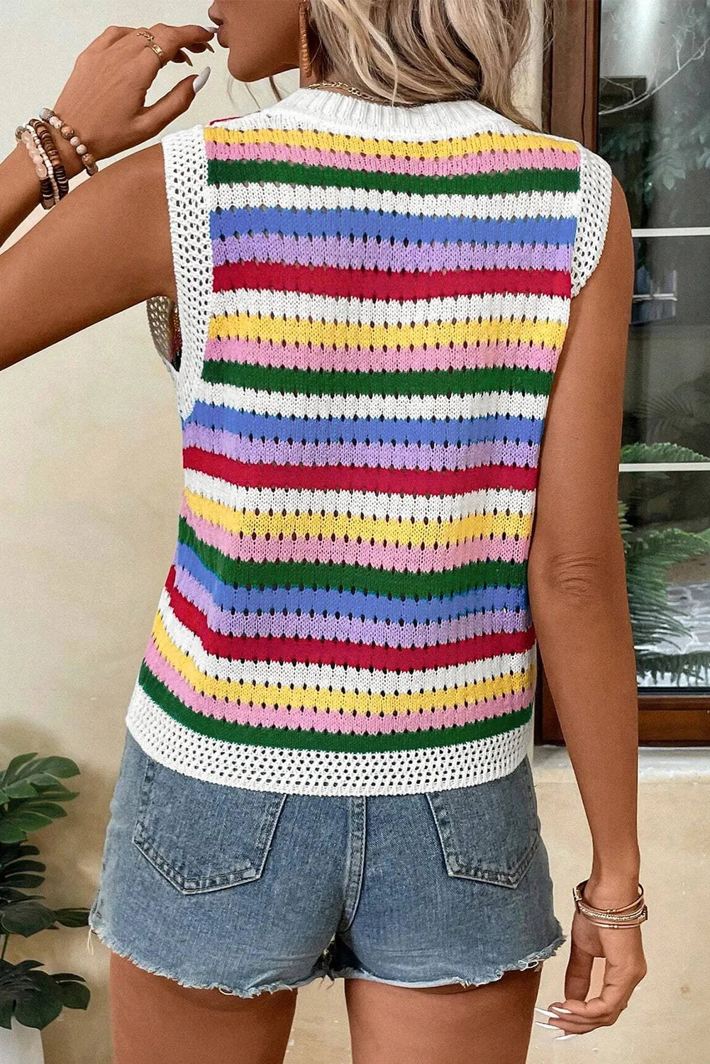 Multicolour Striped Knitted Eyelet Slim Sweater Vest - Chic Meadow Boutique 