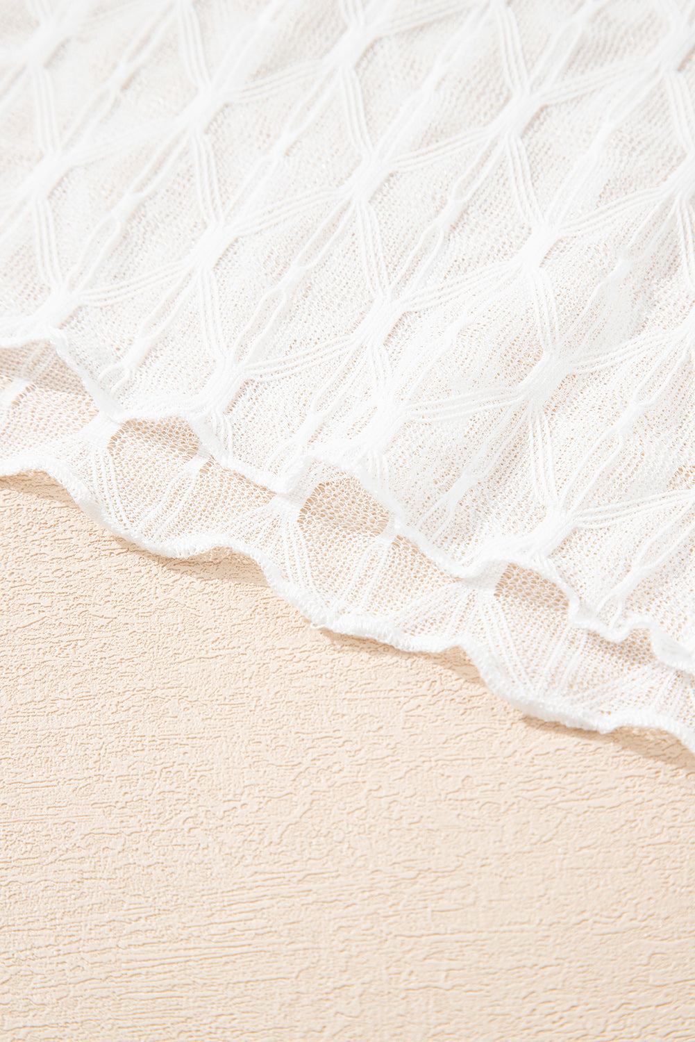 Beige Sheer Mesh Patterned Lettuce Trim Slim Long Sleeve Top