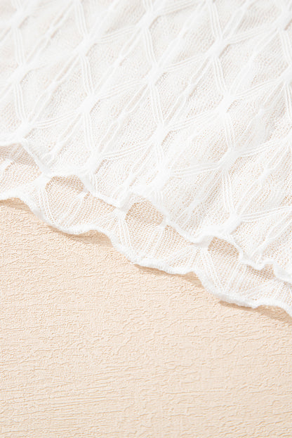 Beige Sheer Mesh Patterned Lettuce Trim Slim Long Sleeve Top