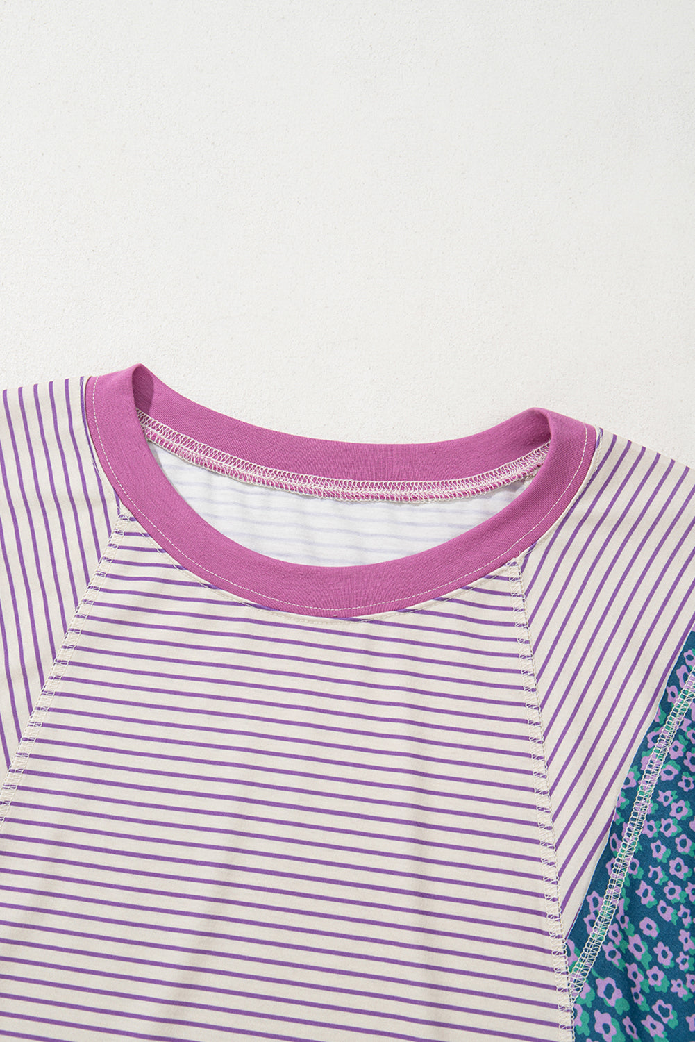 Purple Stripe Floral Color Block Raw Edge Patchwork Bracelet Sleeve Blouse