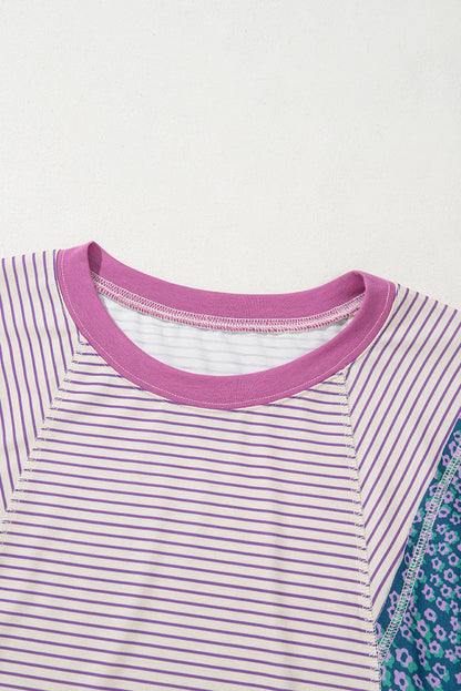 Purple Stripe Floral Color Block Raw Edge Patchwork Bracelet Sleeve Blouse