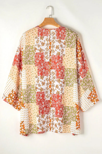 White Boho Patchwork Floral Open Front Kimono - Chic Meadow Boutique 