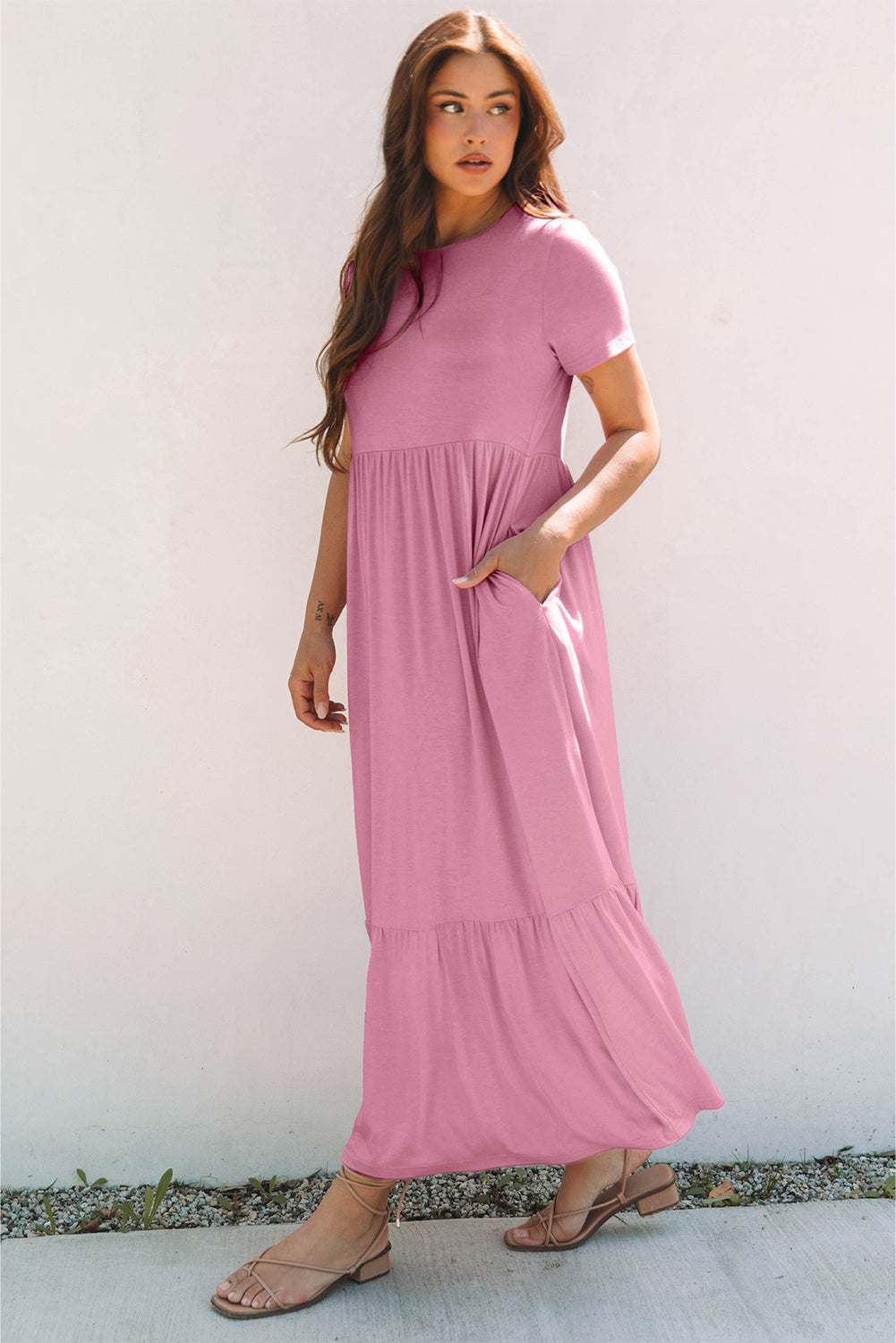 Pink Solid Color T-shirt High Waist Pocketed Long Dress
