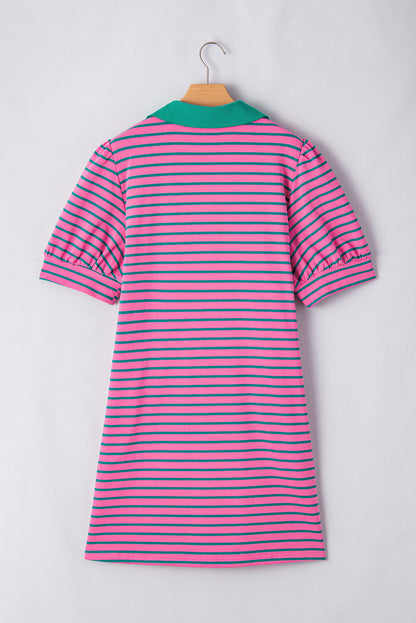 Rose Stripe Collared V Neck Puff Sleeve Shift T Shirt Dress with Pockets