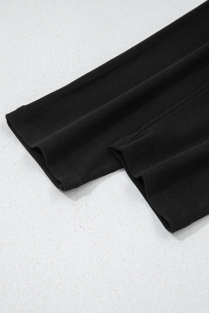 Black Solid Color Oversize Slit Sweatshirt Ribbed Leggings 2pcs Set