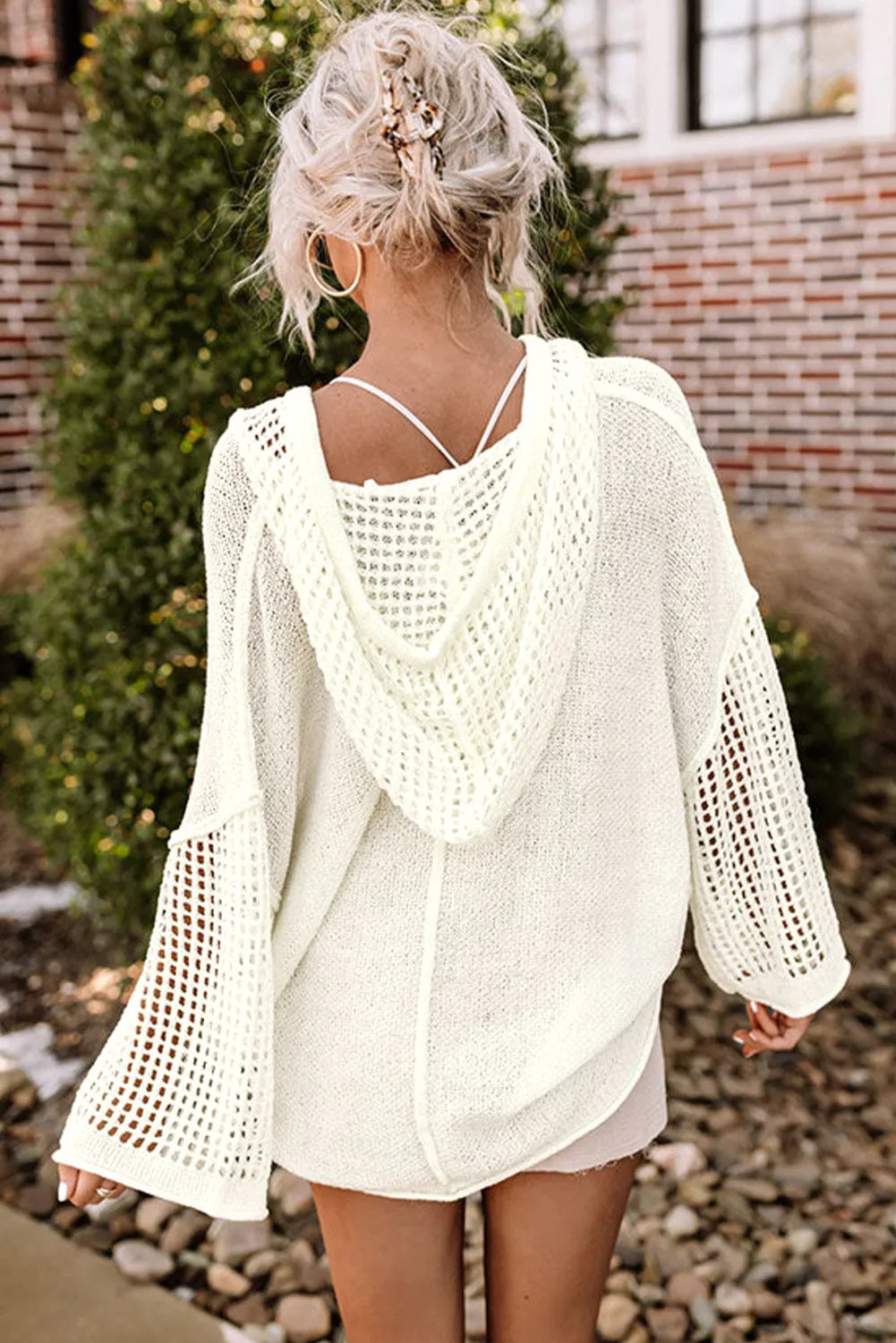 White Open Knit Long Sleeve Pocketed Hooded Sweater - Chic Meadow Boutique 