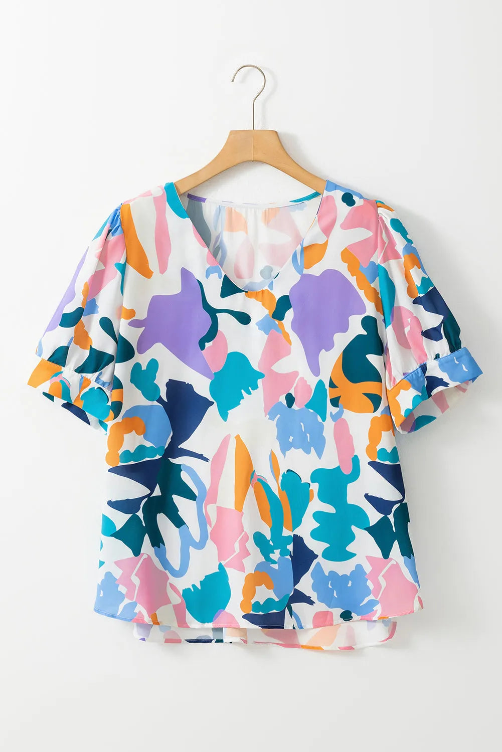 Sky Blue Plus Abstract Print Puff Short Sleeve V Neck Top - Chic Meadow Boutique 