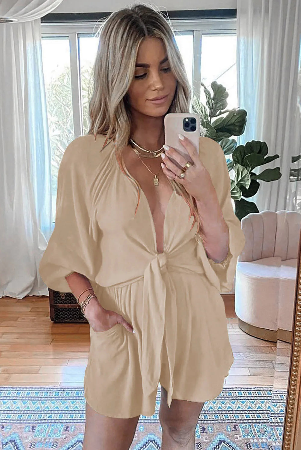 Beige Tie Knot Puff Long Sleeve Romper - Chic Meadow Boutique 