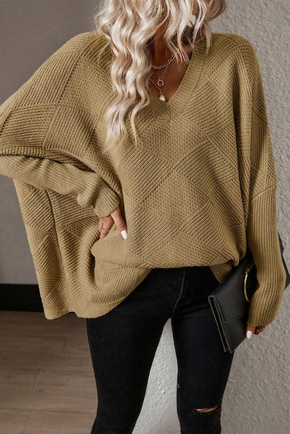 Camel Checkered Textured Batwing Sleeve Sweater - Chic Meadow Boutique 