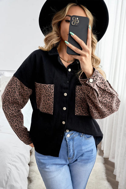 Black Contrast Leopard Denim Jacket - Chic Meadow Boutique 