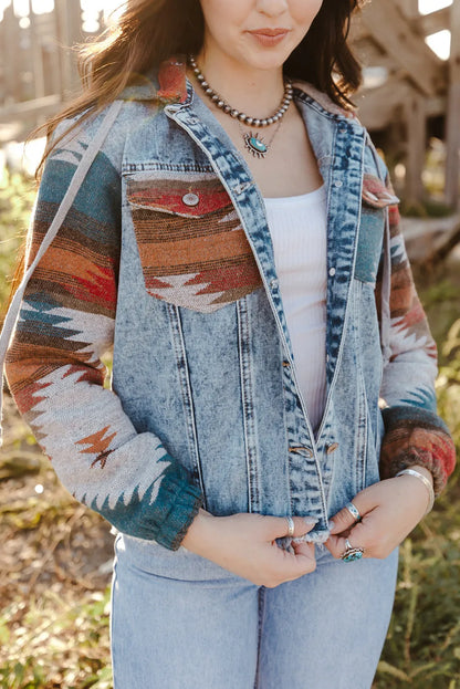 Multicolor Aztec Print Frayed Hem Denim Jacket - Chic Meadow Boutique 