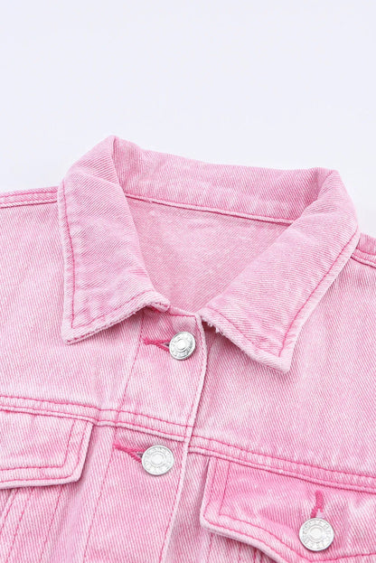 Pink Acid Wash Button Flap Pocket Denim Jacket - Chic Meadow Boutique 