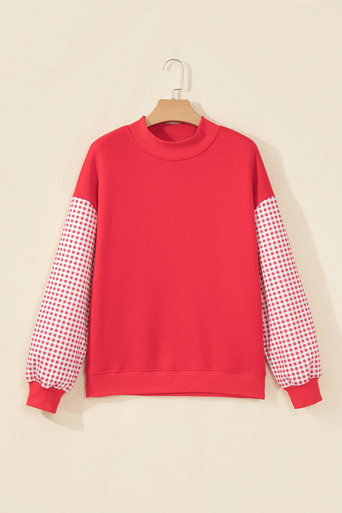 Fiery Red Plaid Sleeve Colorblock Loose Tunic Sweatshirt