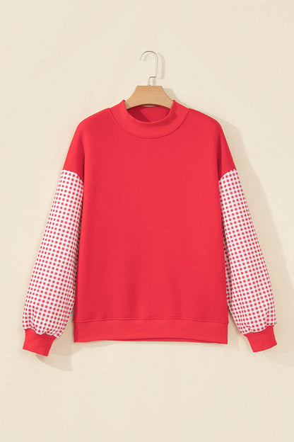 Fiery Red Plaid Sleeve Colorblock Loose Tunic Sweatshirt