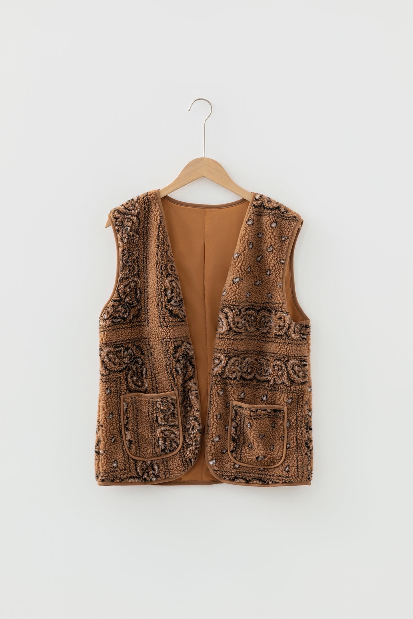 Brown Sherpa Paisley Print Pocketed Western Fashion Vest Jacket