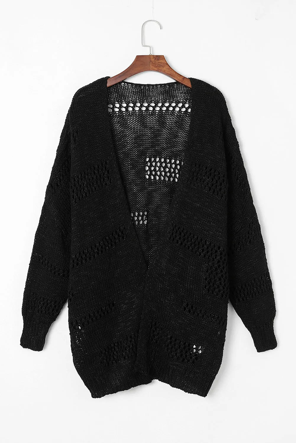 Black Casual Hollowed Knit Dolman Sleeve Cardigan - Chic Meadow Boutique 