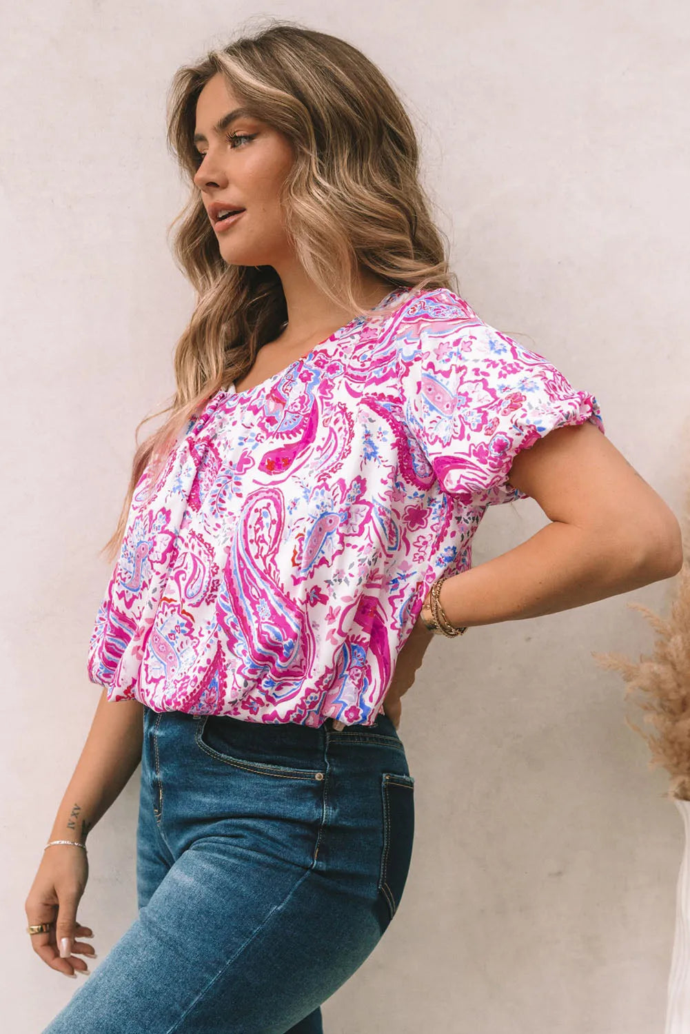 Paisley Pattern Print Puff Sleeve V Neck Blouse - Chic Meadow Boutique 