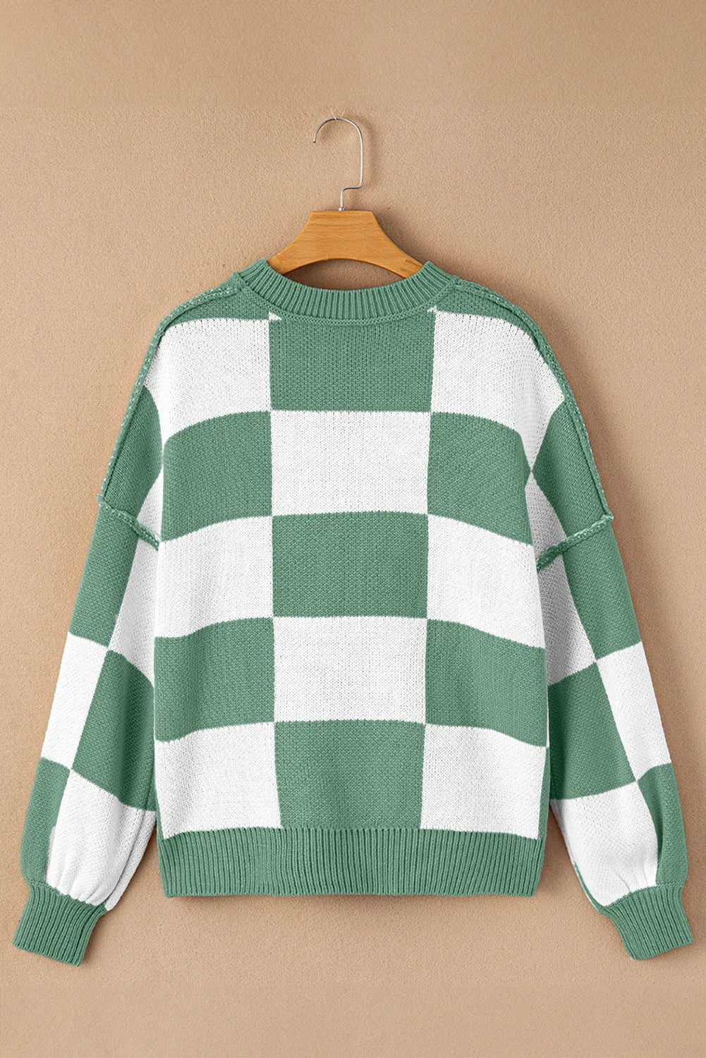 Green Checkered Bishop Sleeve Sweater - Chic Meadow Boutique 