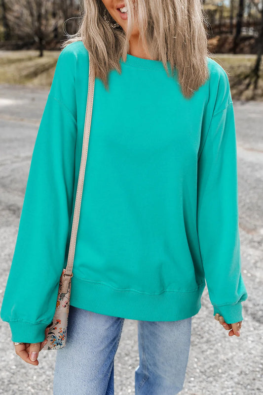 Aruba Blue Plain Drop Shoulder Crewneck Pullover Sweatshirt - Chic Meadow Boutique 