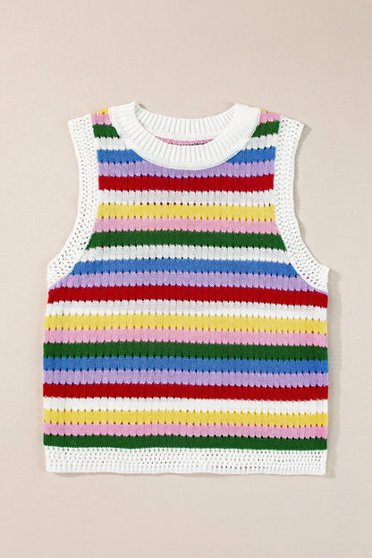 Multicolour Striped Knitted Eyelet Slim Sweater Vest - Chic Meadow Boutique 