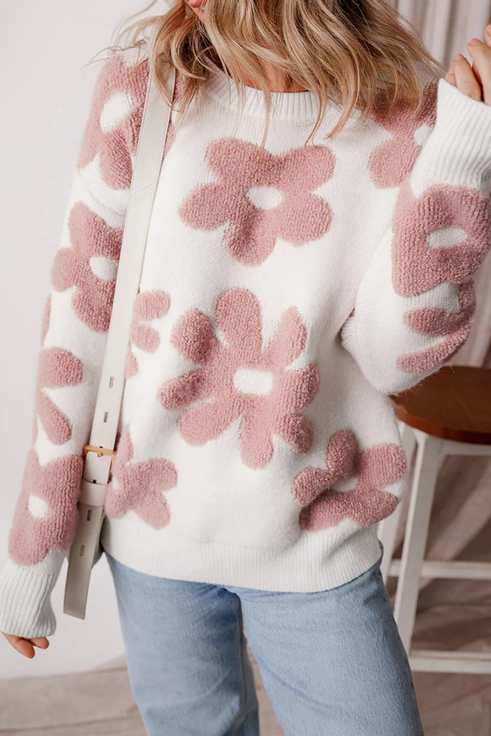 White Textured Flower Drop Shoulder Loose Sweater - Chic Meadow Boutique 