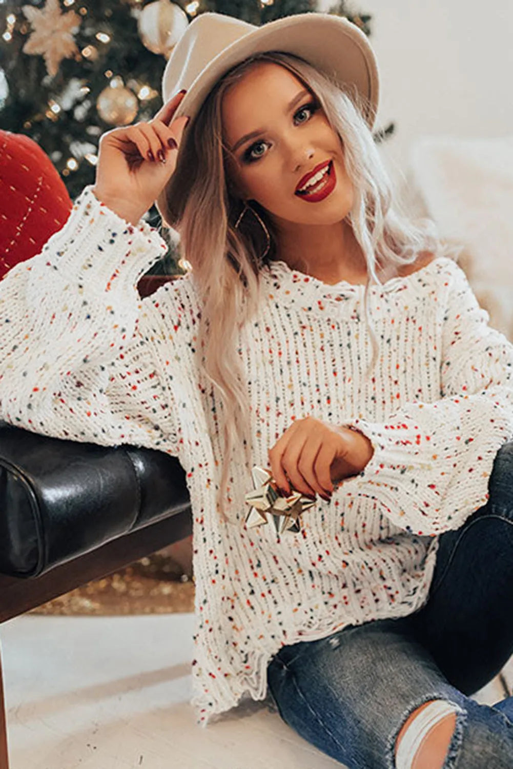 White Colorful Confetti Distressed Knit Sweater - Chic Meadow Boutique 