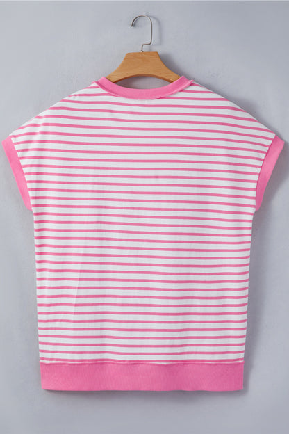 Pink Stripe Half Placket High Low Short Sleeve Top