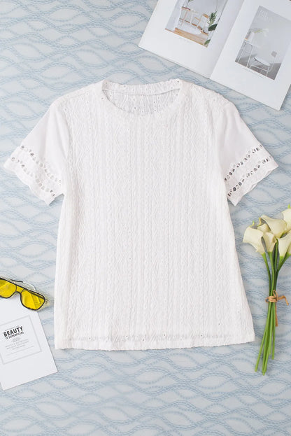 White Eyelet Embroidery Scalloped Short Sleeve Top - Chic Meadow Boutique 