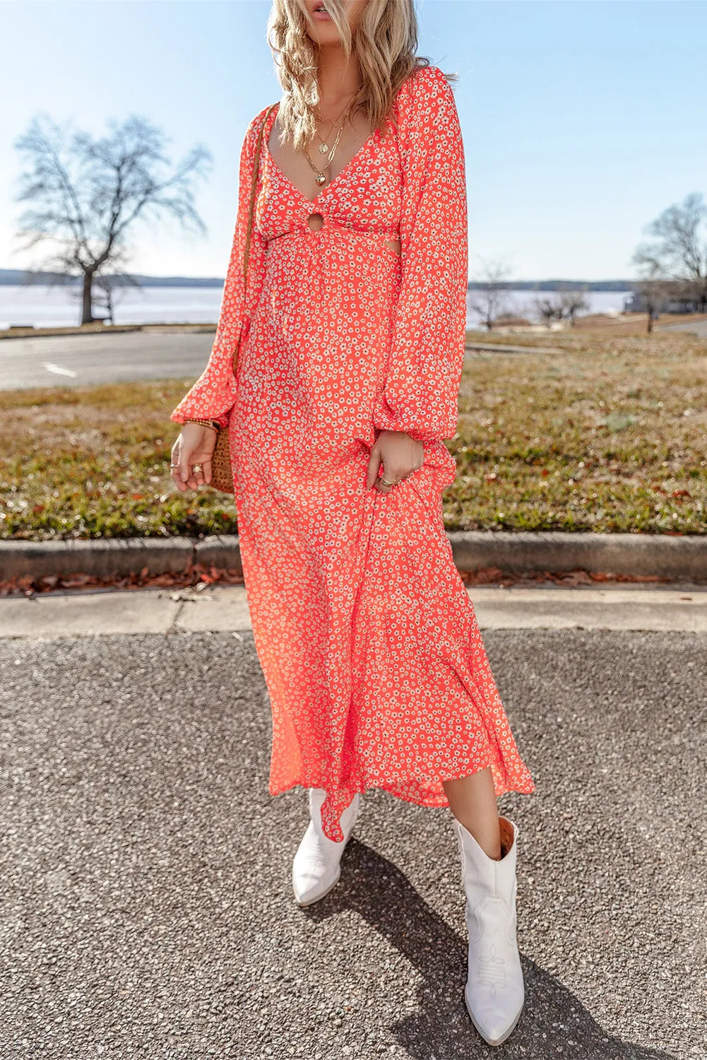 Red Floral Long Puff Sleeve V Neck Hollow Out Dress - Chic Meadow Boutique 