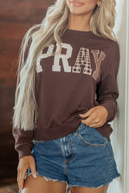 Coffee Floral Buffalo Plaid Striped Embroidered Patch Western Pullover Sweatshirt