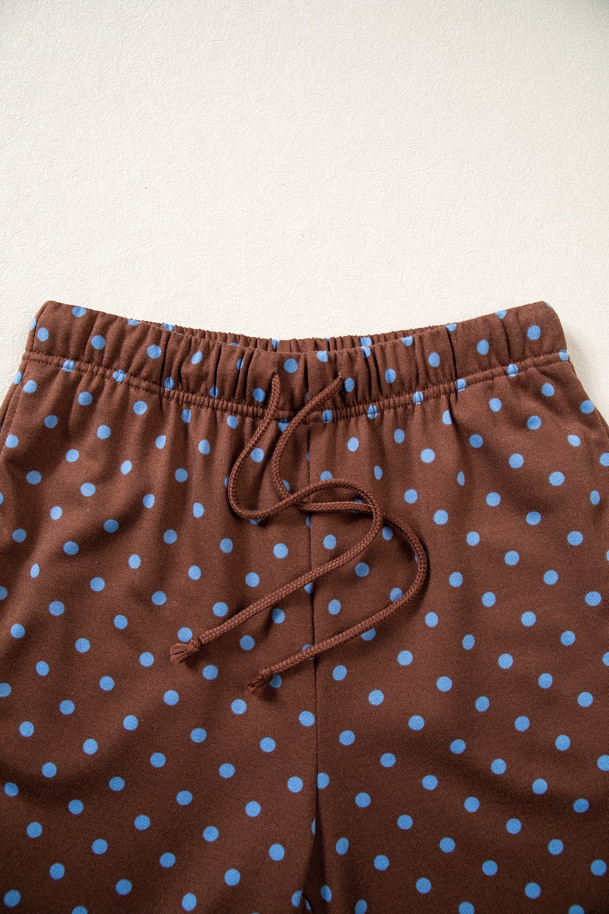 Brown Polka Dot Drawstring Wide Leg Long Sleeve Top Pant Set