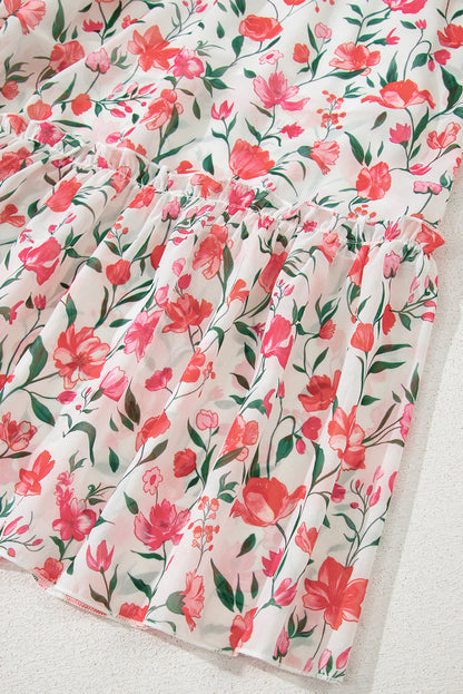 Pink Floral Puff Sleeve Square Neck Empire Waist Tiered Maxi Dress