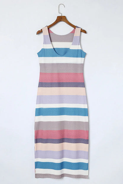 Multicolor Stripe Print Slit Maxi Tank Top Dress - Chic Meadow Boutique 