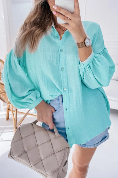 Iceland Blue Solid Puff Sleeve Loose Fit Buttoned Shirt - Chic Meadow Boutique 