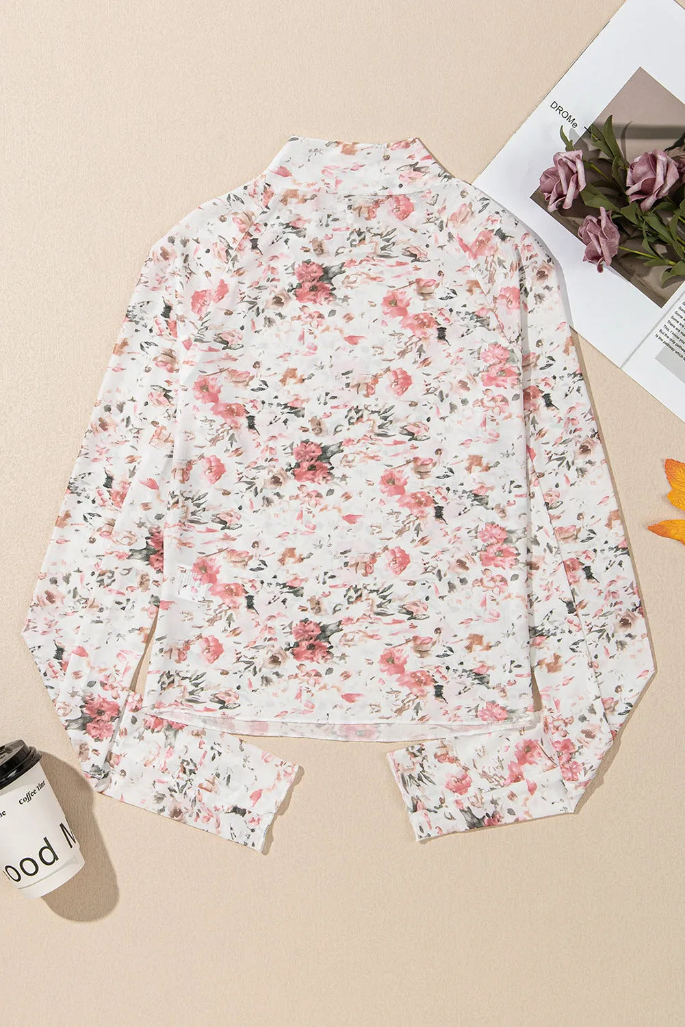 Pink Floral Long Sleeve High Neck Sheath Mesh Blouse - Chic Meadow Boutique 