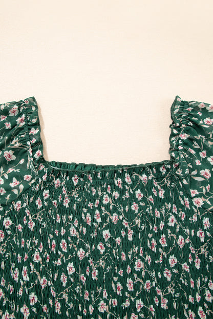Green Smocked Square Neck Puff Short Sleeve Floral Dress